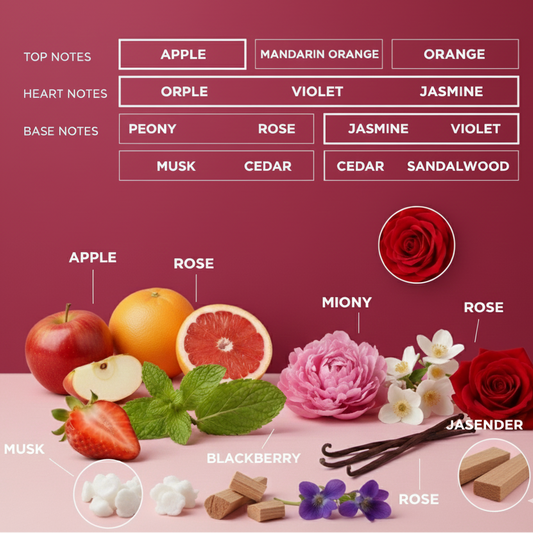 A visual breakdown of a floral, fruity fragrance with notes of Apple, Orange, Rose, Violet, Jasmine, Musk, Cedar, and Sandalwood