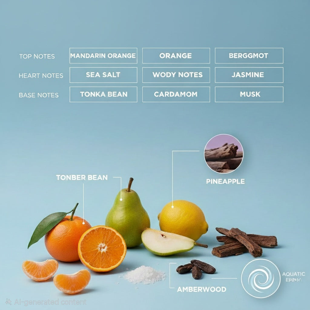 "Fragrance note pyramid with Mandarin Orange, Sea Salt, and Tonka Bean, plus images of fruit and wood."