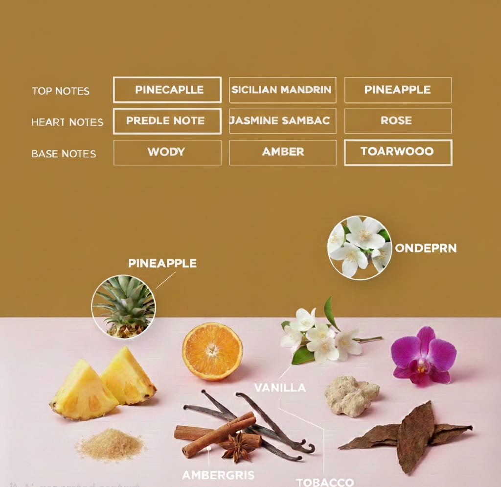 "Fragrance note pyramid showing Top Notes of Pineapple and Sicilian Mandarin; Heart Notes of Predle Note, Jasmine Sambac, Rose, and Toarwood; and Base Notes of Woody and Amber. The ingredients pictured below include pineapple, orange slice, jasmine flowers, orchid, vanilla beans, amber, and tobacco leaves."