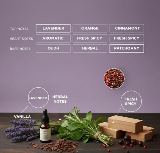 Fragrance notes diagram: Top Notes include Lavender, Orange, Cinnamon; Heart Notes include Aromatic, Fresh Spicy; and Base Notes include Oudh, Herbal, Patchouli, indicating a complex, aromatic scent profile."