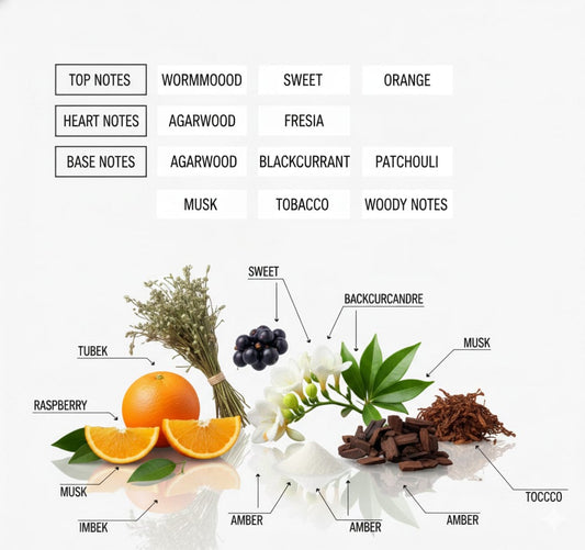 Diagram of essential oils with labels for top, heart, and base notes.