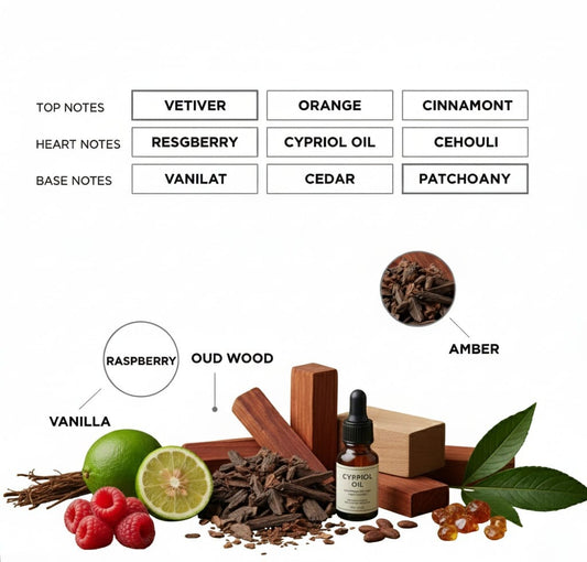 A fragrance note chart detailing Top Notes (VETIVER, ORANGE, CINNAMONT), Heart Notes (RESGERRY, CYPRIOL OIL, CEHOULI), and Base Notes (VANILAT, CEDAR, PATCHOANY). Below the chart are visual elements representing key notes: Raspberry, Oud Wood, Amber, Vanilla, and lime."