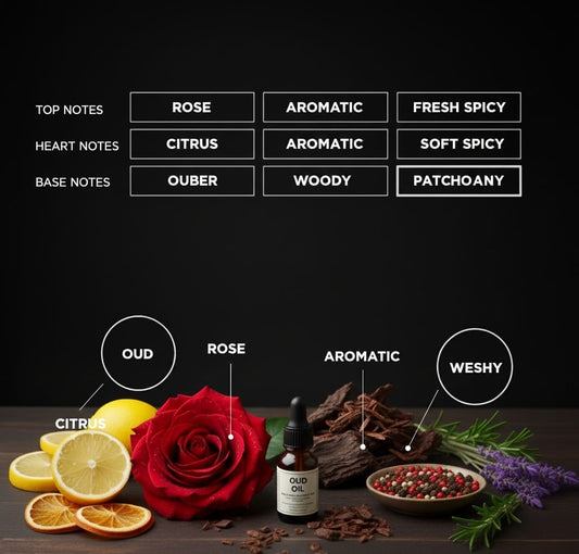 Infographic detailing the fragrance notes for BLEND VAULT perfume: Top Notes are Rose, Aromatic, Fresh Spicy; Heart Notes are Citrus, Aromatic, Soft Spicy; and Base Notes are Amber, Woody, Patchouli."