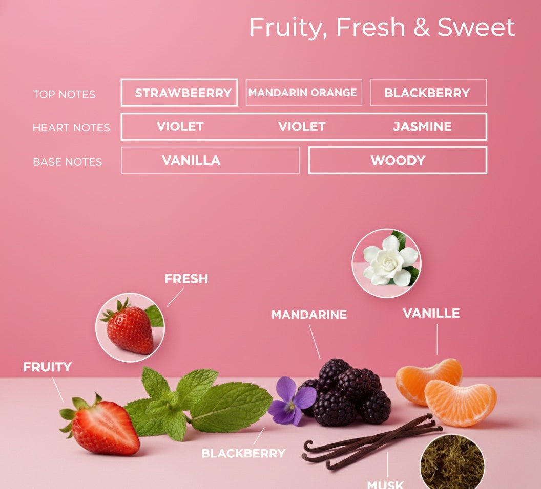 Infographic of Fruity, Fresh & Sweet fragrance notes: Strawberry, Mandarin Orange, Blackberry, Violet, Jasmine, Vanilla, and Woody."