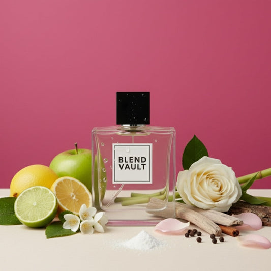 Blend Vault fragrance in a square glass bottle, surrounded by ingredients: slices of lime, a green apple, and a white rose, set against a vibrant pink backdrop.
