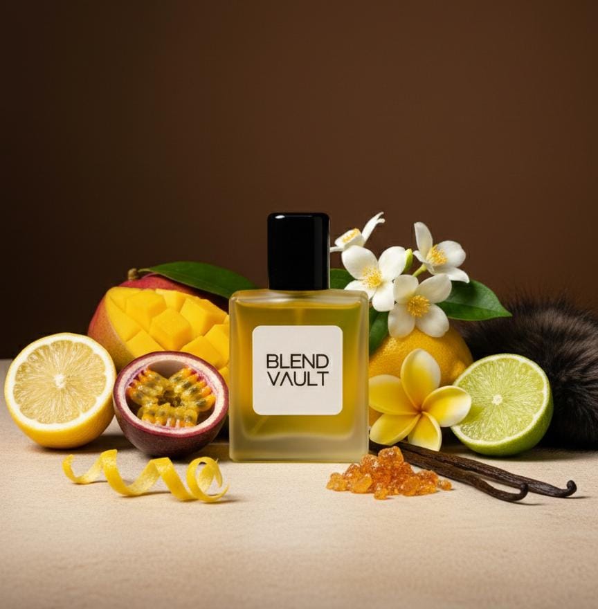 "Blend Vault perfume bottle surrounded by tropical and citrus notes: mango, passion fruit, lemon, lime, vanilla, and white plumeria flowers, indicating a fruity-tropical fragrance