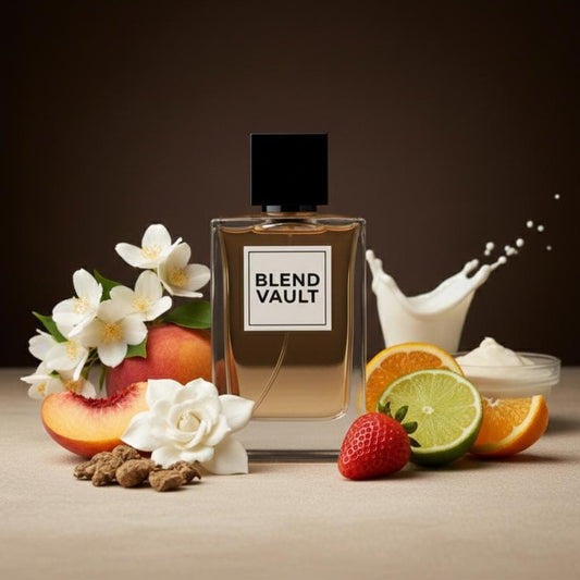A clear glass bottle of "BLEND VAULT" perfume sits center-stage, surrounded by ingredients that evoke its scent profile. To the left are white flowers, possibly jasmine or gardenia, and slices of peach or apricot. To the right are slices of orange, lime, and a whole strawberry, along with a splash of milk or a milky cream product suggesting a creamy, fruity, and floral fragrance.