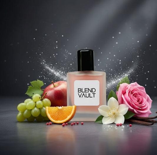 LEND VAULT" with a black cap, centered and surrounded by ingredients on a dark background. The surrounding elements include green grapes, a red apple, an orange slice, a pink rose, and a white flower. Glittering light and particles create a magical effect around the bottle.