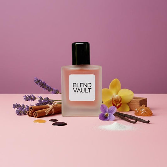 A frosted bottle of BLEND VAULT perfume, featuring a black cap and simple label. It is surrounded by ingredients: dried lavender sprigs and cinnamon sticks, with drops of honey/syrup, and yellow and purple vanilla orchids/flowers. The image suggests a warm, sweet, and floral scent with notes of vanilla, lavender, and spice."