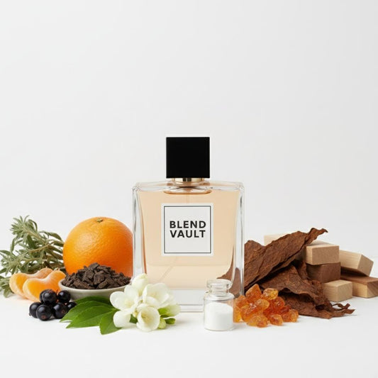 Perfume bottle labeled 'Blend Vault' surrounded by fruits, leaves, and flowers on a white background