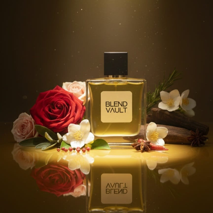 Blend Vault' perfume bottle featuring a dark cap and amber liquid, artfully arranged with vibrant red roses and delicate white jasmine-style flowers, creating a luxurious and floral composition