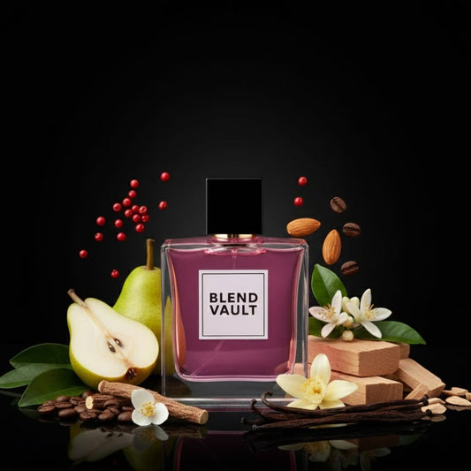 BLEND VAULT perfume surrounded by fragrance ingredients including a sliced green pear, pink peppercorns, almonds, vanilla pods, coffee beans, and small white flowers, likely jasmine or neroli."