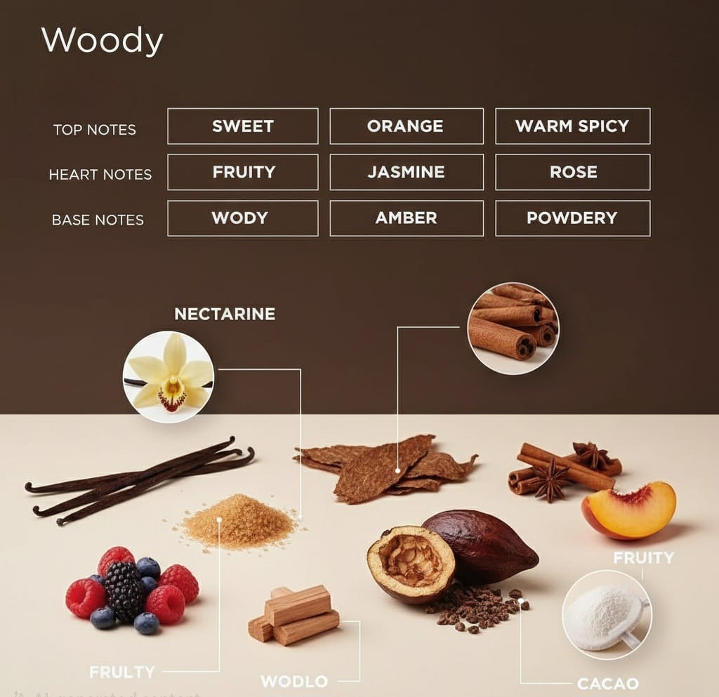 fragrance pyramid graphic for a "Woody" scent, showing notes categorized by position: Top Notes (Sweet, Orange, Warm Spicy, Rose), Heart Notes (Fruity, Jasmine), and Base Notes (Woody, Amber, Powdery). The screen also shows an arrangement of corresponding ingredients including cinnamon, cocoa, and vanilla.