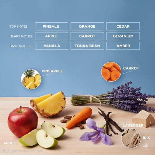 "An infographic detailing the scent notes of a fragrance. The table lists Top Notes: Pineapple, Orange, Cedar; Heart Notes: Apple, Carrot, Geranium; and Base Notes: Vanilla, Tonka Bean, Amber. Below the table are images of an apple, pineapple, carrot, iris flower, lavender, and vanilla pods."
