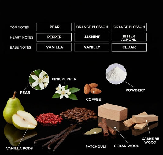BLEND VAULT perfume centered amongst ingredients. The ingredients include a sliced green pear, pink peppercorns, coffee beans, almonds, white jasmine flowers, and chunks of cedar wood.