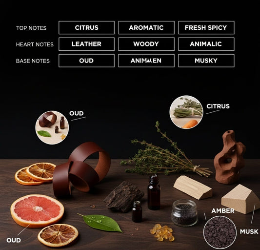 Top (Citrus, Aromatic, Fresh Spicy), Heart (Leather, Woody, Animalic), and Base (Oud, Animalen, Musky). Below the notes, a stylized photo displays ingredients labeled Citrus, Oud, Amber, and Musk."