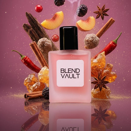 ​"BLEND VAULT Perfume bottle styled with peaches, star anise, cinnamon sticks, chili peppers, and crystallized sugar for a spicy, fruity fragrance."