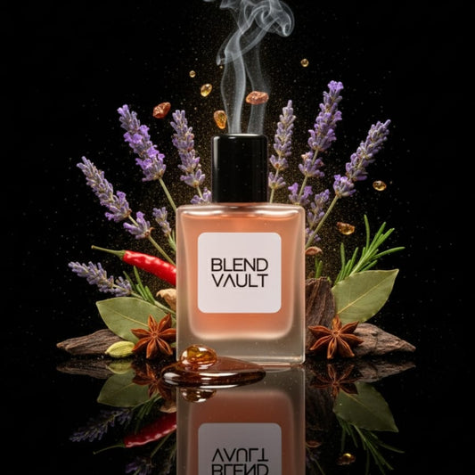 ​"BLEND VAULT Perfume bottle, artfully arranged with lavender, rosemary, chili pepper, and star anise to suggest an aromatic, spicy, and soothing fragrance."