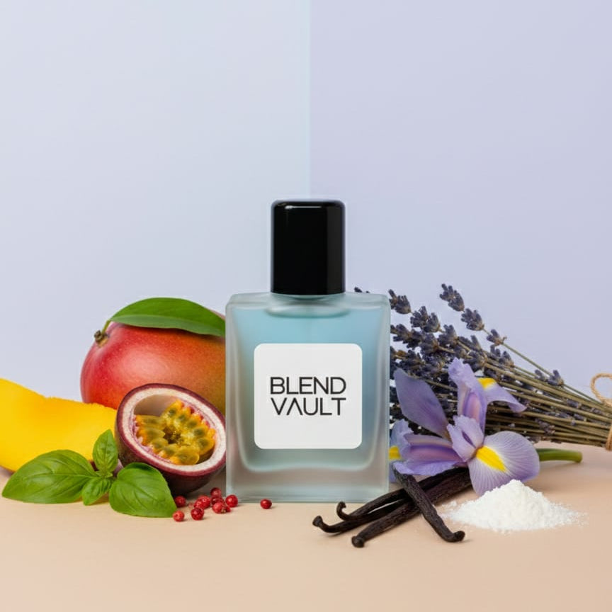 A bottle of BLEND VAULT perfume, a blue-tinged fragrance, surrounded by tropical and herbal notes, including mango, passion fruit, basil, lavender, and vanilla pods, suggesting a fruity, herbal, and sweet scent."
