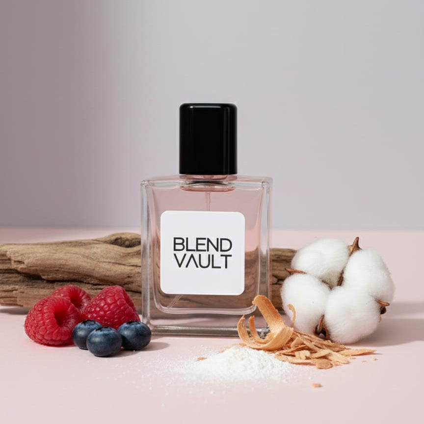 Clear glass perfume bottle labeled "BLEND VAULT" surrounded by raspberries, blueberries, cotton bolls, and a piece of driftwood.