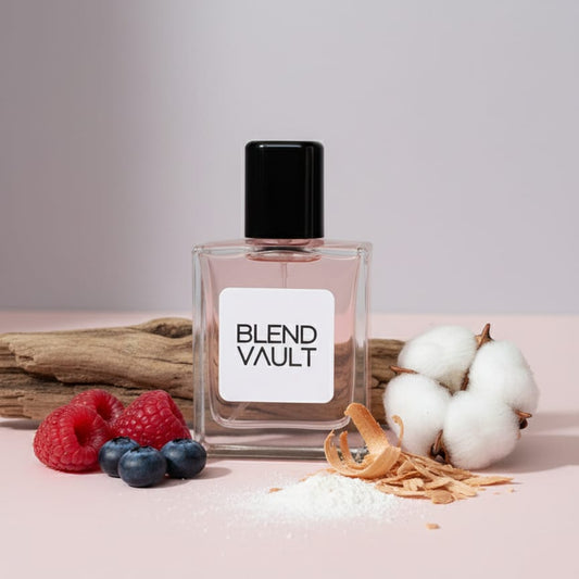 Clear glass perfume bottle labeled "BLEND VAULT" surrounded by raspberries, blueberries, cotton bolls, and a piece of driftwood.