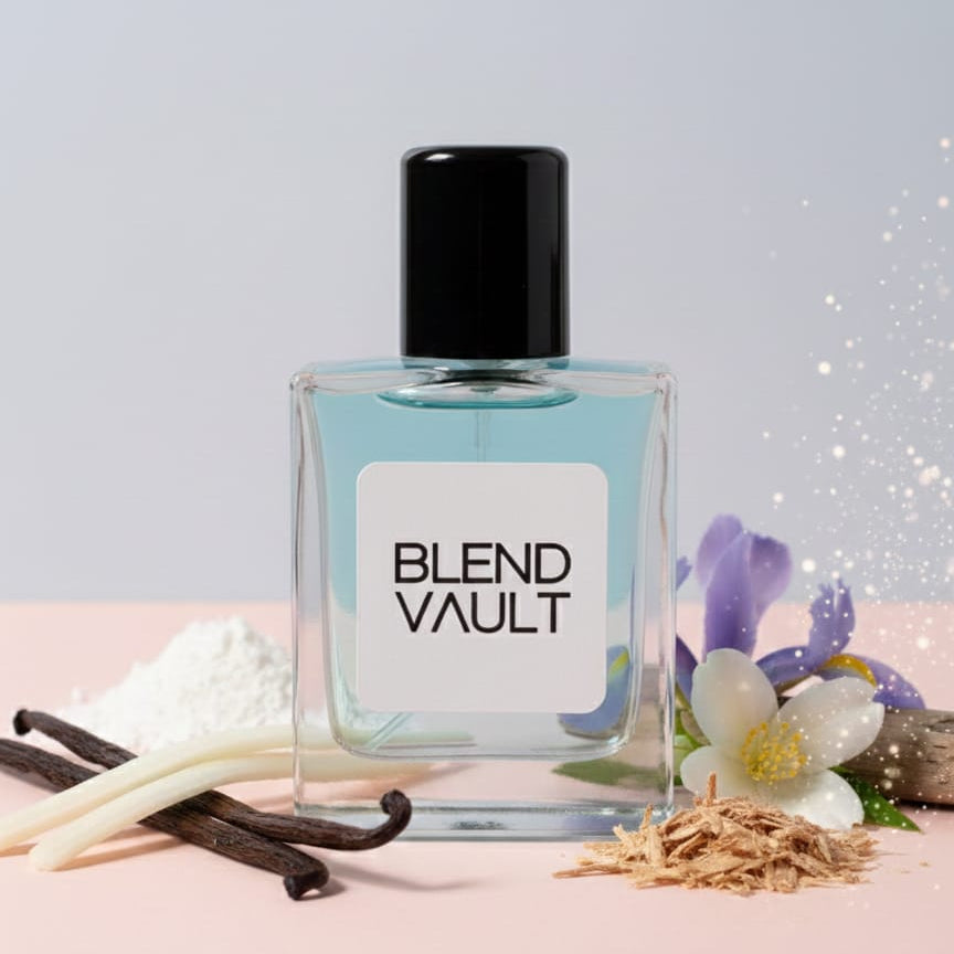 perfume bottle labeled 'Blend Vault' with flowers and vanilla beans on a light background