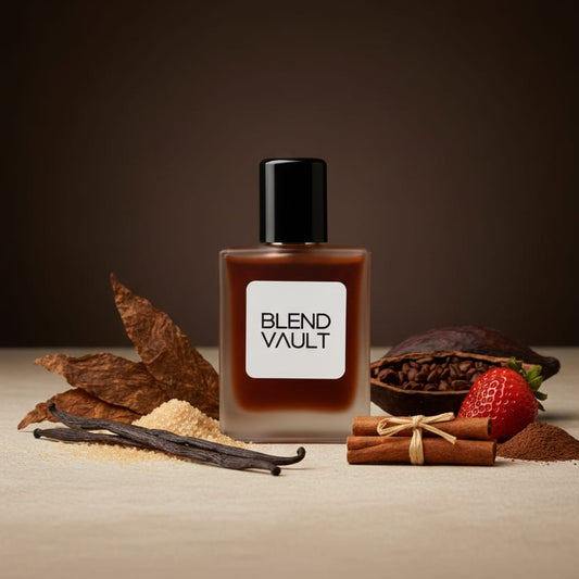 Eau De Parfum by BLEND VAULT with aromatic ingredients: dried vanilla, cocoa pods, and cinnamon sticks. Warm gourmand scent.
