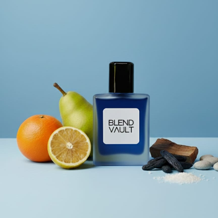 BLEND VAULT fragrance displayed with key notes: orange, lemon, pear, chocolate, and musk/powder.